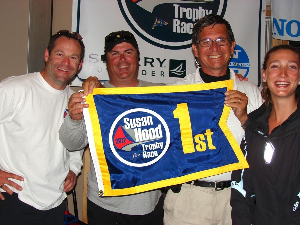 Mark and Emily Searle (Jersey Girl) accept their 1st place flag for Full Crew 3 from Even Chair Darren Gornall and PCYC VC Fleet Ken Bruce © Greg Nicoll