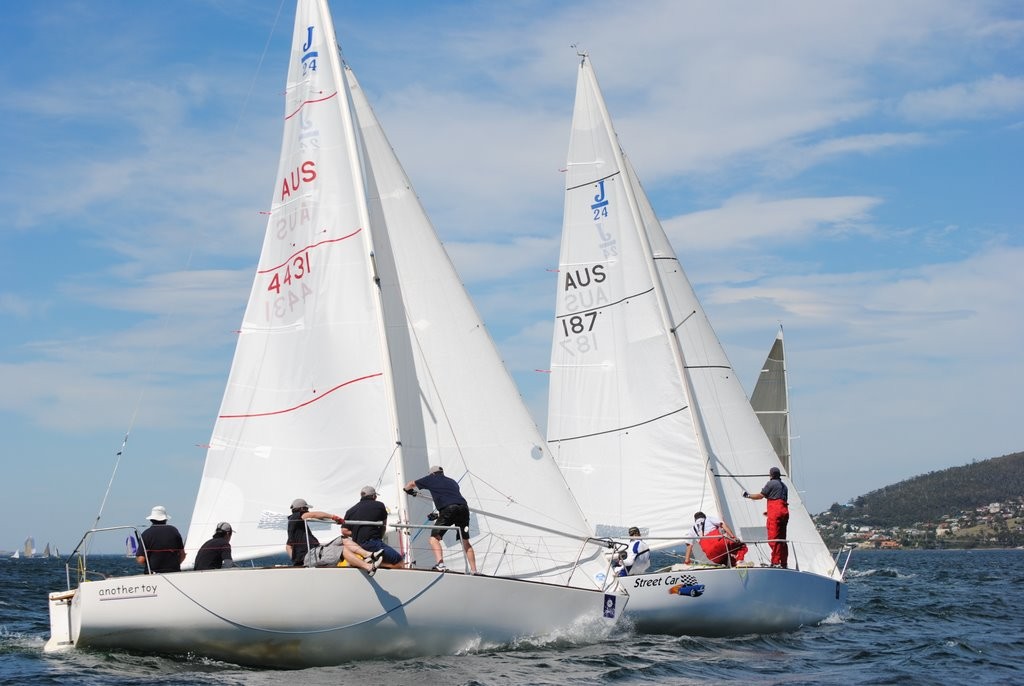 J24s in action on the Derwent – Street Car (AUS 187) leads Another Toy (AUS 4431) around a mark in the recent Crown Series Bellerive Regatta - Tasmanian Dragon State Championship 2012 © Rob Cruse