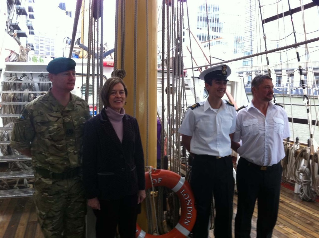 From left to right: Bary Gray, Crew Member and Mountain Expedition Leader; Alexandra Shackleton, Granddaughter of Sir Ernest Shackleton; Sebastian Coulthard, Project Manager; Captain Darren Naggs, Master of TS Pelican and Skipper of James Caird photo copyright  Adventure Under Sail http://www.adventureundersail.com/ taken at  and featuring the  class