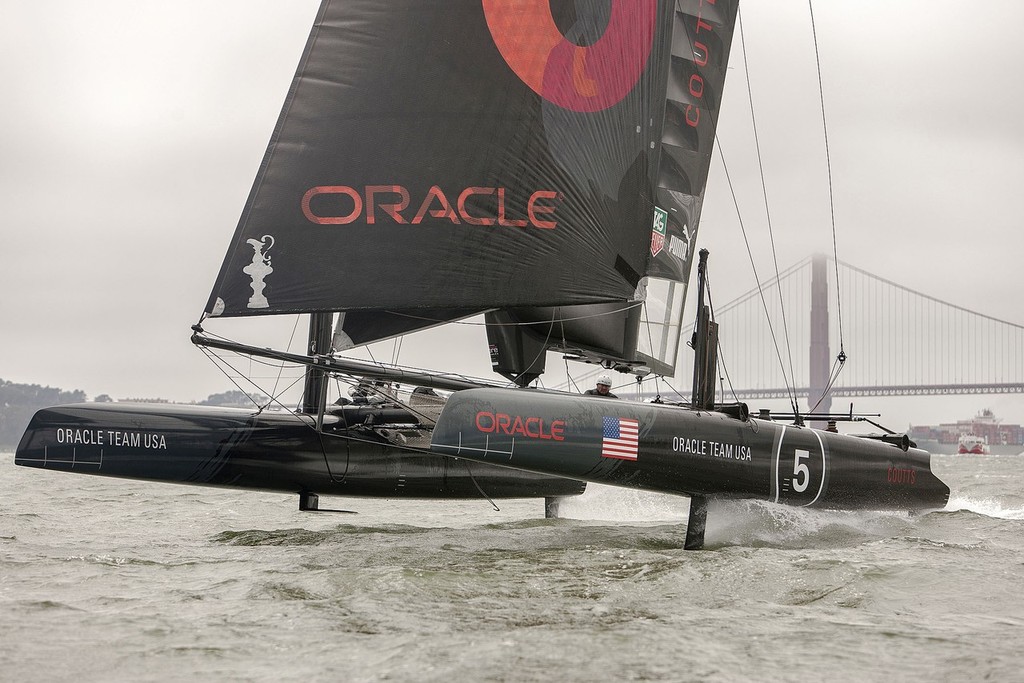 Oracle Team USA shows a hoisted L-dagger board, to windward, with the leeward hull fully supported and flying, while trialing in San Francisco on the AC45’s © Guilain Grenier Oracle Team USA http://www.oracleteamusamedia.com/