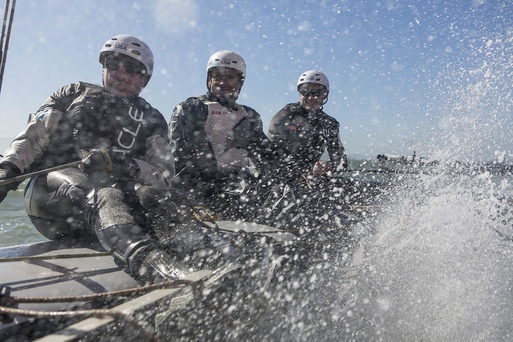 Big wave surfer, Laird Hamilton, rides the AC45 with Jimmy Spithill and Oracle Team USA in San Francisco photo copyright Guilain Grenier Oracle Team USA http://www.oracleteamusamedia.com/ taken at  and featuring the  class
