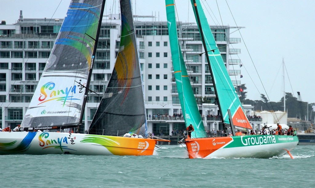 Groupama and Team Sanya cross tacks in from of a packed waterfront - Inport-Auckland-VOR - Volvo Ocean Race: In Port Race, Auckland March 17, 2012 © Richard Gladwell www.photosport.co.nz