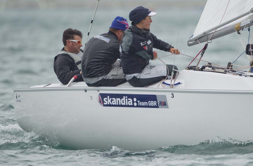 20120606  Copyright onEdition 2012©
Free for editorial use image, onEdition

John Robertson, Hannah Stodel and Steve Thomas, (GBR) racing in the Sonar class on the day 3 of the Skandia Sail for Gold Regatta, in Weymouth and Portland, the 2012 Olympic venue. The regatta runs from 4 - 11 June 2012, bringing together the world's top Olympic and Paralympic class sailors.
 
2012 marks the seventh edition of Skandia Sail for Gold Regatta. The inaugural event was held in 2006 when 264 bo photo copyright onEdition http://www.onEdition.com taken at  and featuring the  class