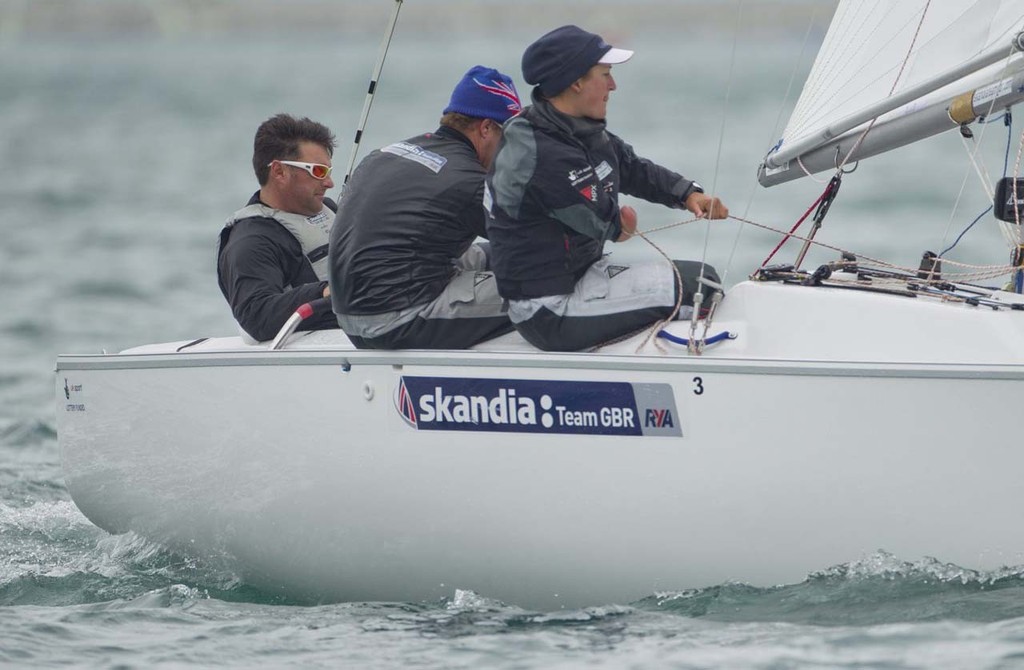 20120606  Copyright onEdition 2012©
Free for editorial use image, please credit: onEdition

John Robertson, Hannah Stodel and Steve Thomas, (GBR) racing in the Sonar class on the day 3 of the Skandia Sail for Gold Regatta, in Weymouth and Portland, the 2012 Olympic venue. The regatta runs from 4 - 11 June 2012, bringing together the world's top Olympic and Paralympic class sailors.
 
2012 marks the seventh edition of Skandia Sail for Gold Regatta. The inaugural event was held in 2006 when 264 bo photo copyright onEdition http://www.onEdition.com taken at  and featuring the  class