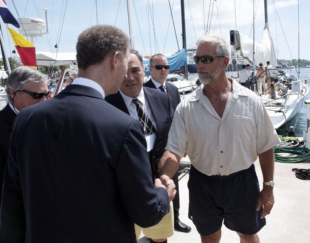 2012 Newport Bermuda Yacht Race - finish. Visit by His Excellency the Governor, Mr George Fergusson to inspect the the race yachts moored at the Royal Bermuda Yacht Club Rives Potts, skipper of the St David’s Lighthouse trophy winning yacht Carina, is introduced to the Governor © Barry Pickthall/PPL http://www.pplmedia.com