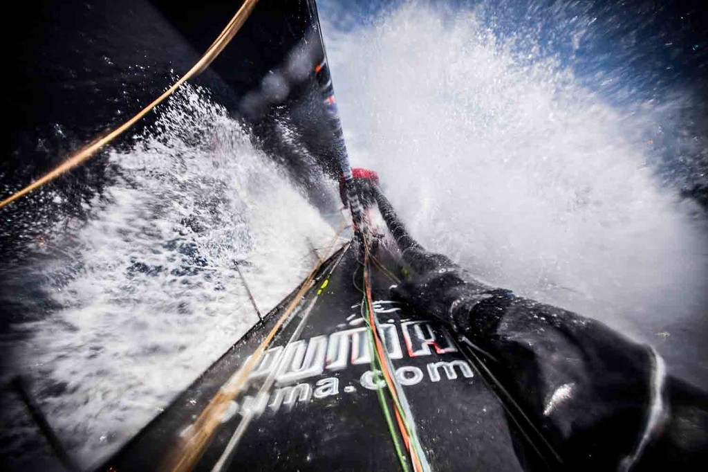 Michi Mueller parts the seas. Onboard PUMA Ocean Racing powered by BERG during leg 6 of the Volvo Ocean Race 2011-12 &copy; Amory Ross/Puma Ocean Racing/Volvo Ocean Race http://www.puma.com/sailing