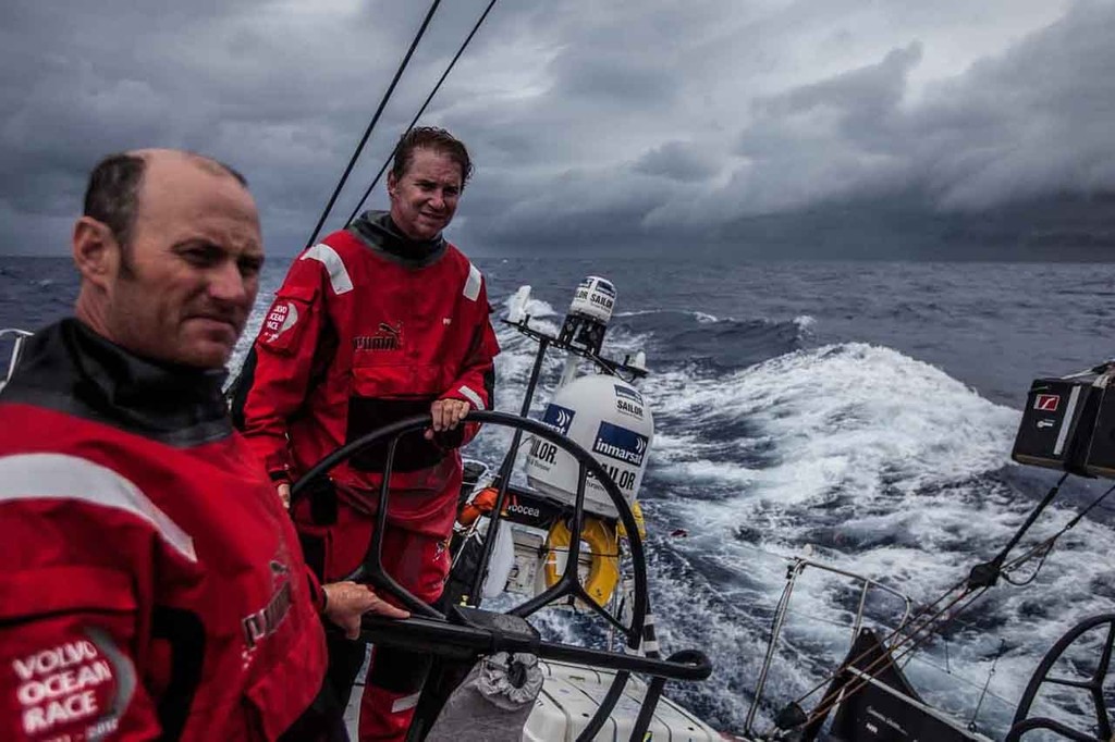 Ken Read drives while navigator Tom Addis eyes the weather just to leeward. Onboard PUMA Ocean Racing powered by BERG during leg 7 of the Volvo Ocean Race 2011-12, from Miami, USA to Lisbon, Portugal. (Credit: Amory Ross/PUMA Ocean Racing/Volvo Ocean Race) © Amory Ross/Puma Ocean Racing/Volvo Ocean Race http://www.puma.com/sailing