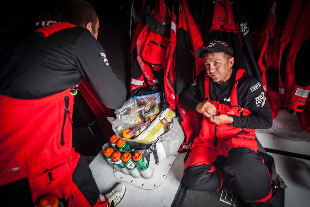 The trail-mix gang of Kelvin Harrap and Ryan Godfrey; M&M's beware. Onboard PUMA Ocean Racing powered by BERG during leg 7 of the Volvo Ocean Race 2011-12, from Miami, USA to Lisbon, Portugal. (Credit: Amory Ross/PUMA Ocean Racing/Volvo Ocean Race) photo copyright Amory Ross/Puma Ocean Racing/Volvo Ocean Race http://www.puma.com/sailing taken at  and featuring the  class