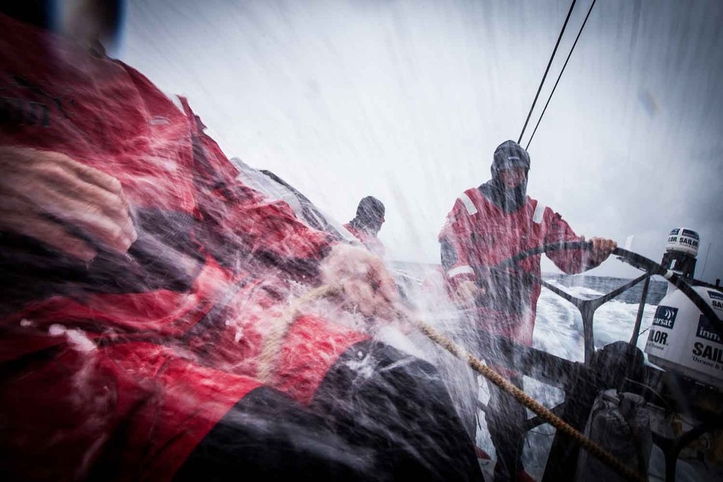 High speed sailing on a Volvo 70: wet, wet, wet. Onboard PUMA Ocean Racing powered by BERG during leg 7 of the Volvo Ocean Race 2011-12, from Miami, USA to Lisbon, Portugal. (Credit: Amory Ross/PUMA Ocean Racing/Volvo Ocean Race) photo copyright Amory Ross/Puma Ocean Racing/Volvo Ocean Race http://www.puma.com/sailing taken at  and featuring the  class