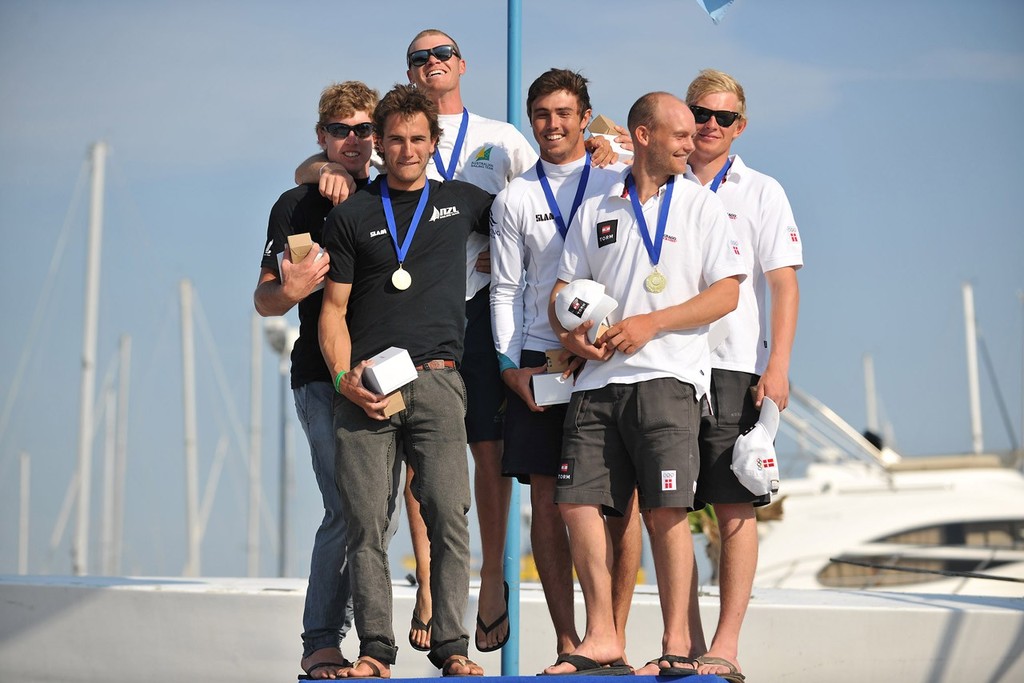 Podium winners: NZL in black, AUS in white middle, DEN in white, right  - 49 World Championship 2012 &copy; Nikola Sisko