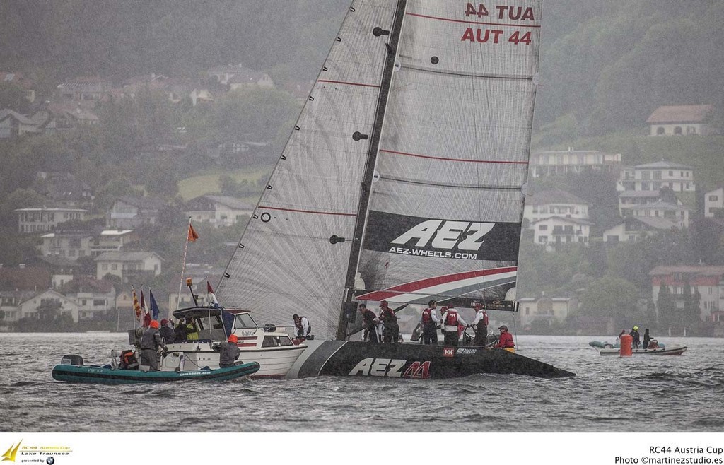 RC44 Austria Cup 2012 - AEZ RC44 Sailing Team (AUT) crossing the finish line in first place &copy; MartinezStudio.es http://www.rc44.com