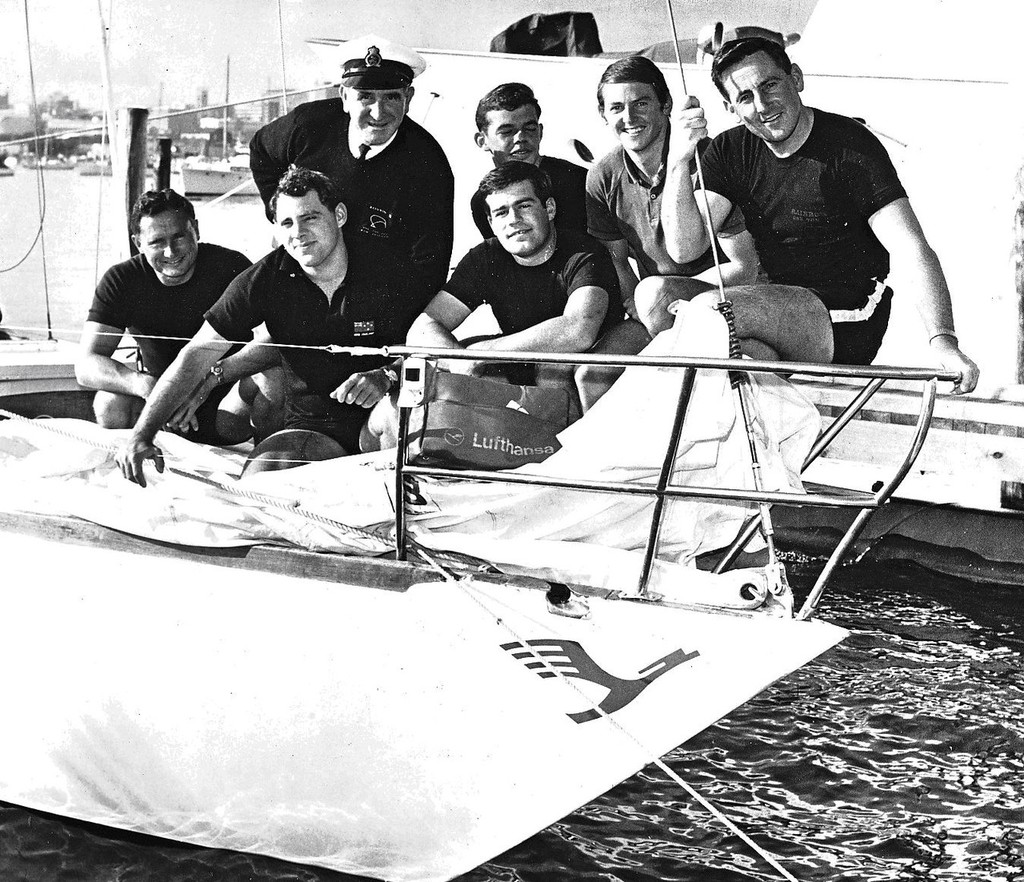 Rainbow’s One Ton Cup winning crew (from left).- Back row: Arnold Baldwin (manager), Ward Schofield, John Woolley, Alan Warwick. Front row: Roy Dickson, Chris Bouzaid, David Craig © SW