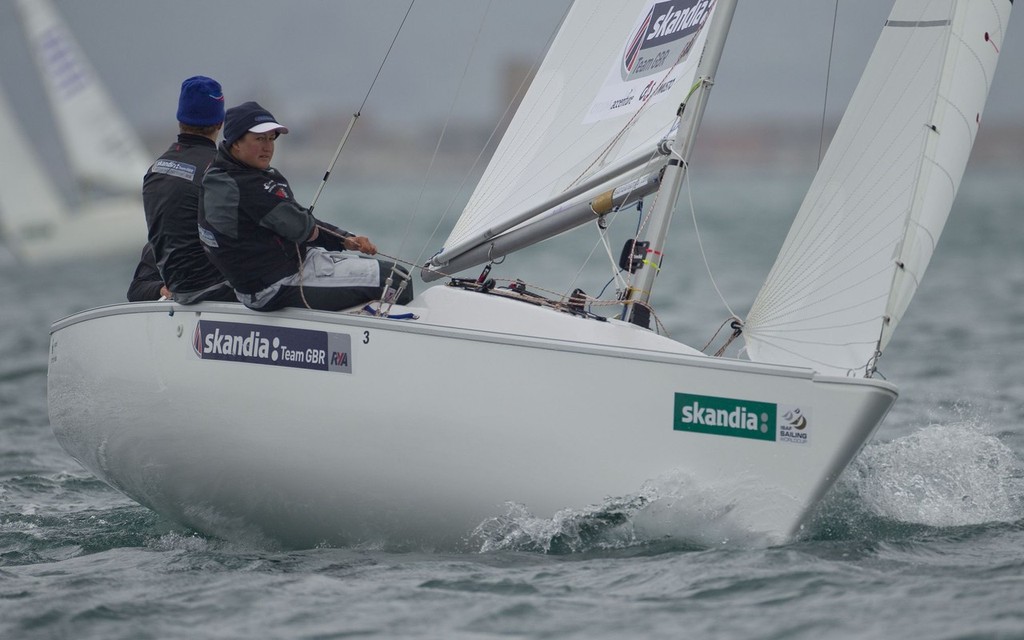 John Robertson, Hannah Stodel and Steve Thomas, (GBR) racing in the Sonar class on the day 3 of the Skandia Sail for Gold Regatta © onEdition http://www.onEdition.com