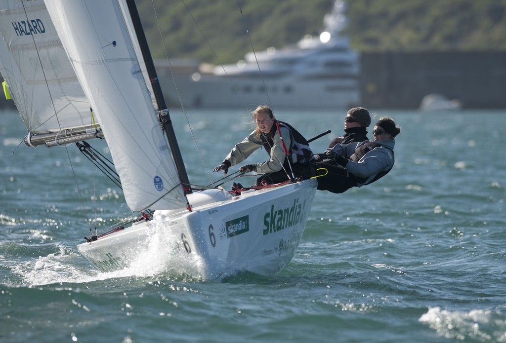 Stephanie Hazard, with Jenna Hansen and Susannah Pyatt (NZL) racing in the Womens Match Racing class on day 6 of the Skandia Sail for Gold Regatta, in Weymouth © onEdition http://www.onEdition.com