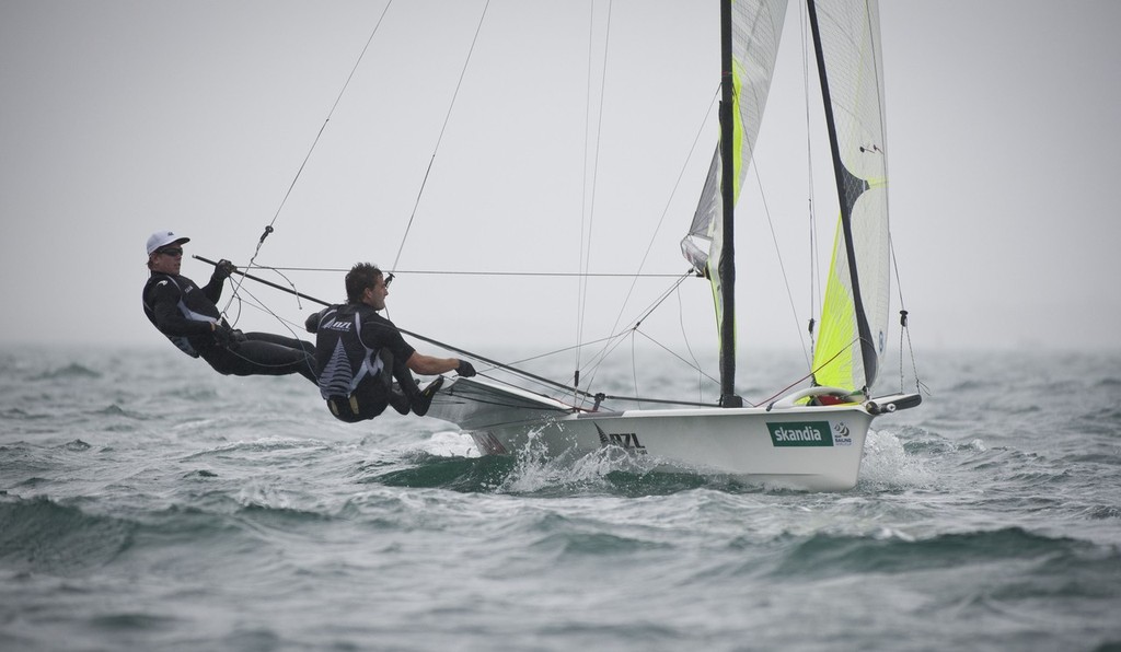 Peter Burling and Blair Tuke (NZL) racing in the 49er class on the day 4 of the Skandia Sail for Gold Regatta, in Weymouth © onEdition http://www.onEdition.com