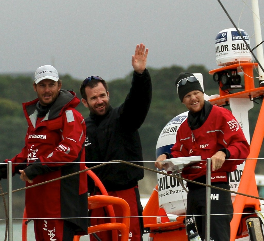 Mike Sanderson (centre) at the finish of Leg 4 of the Volvo Ocean Race photo copyright Richard Gladwell www.photosport.co.nz taken at  and featuring the  class