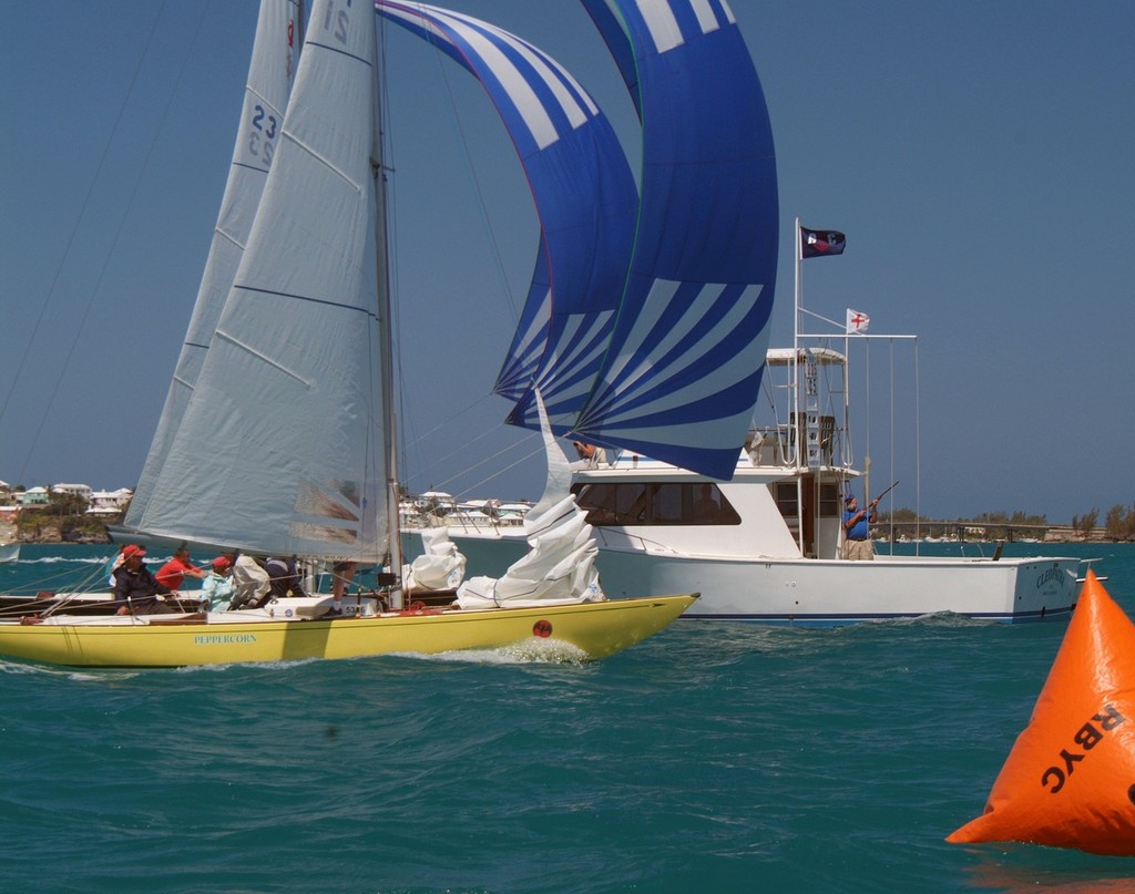 Penny Simmons wins by a nose in the 12th race of the IOD's 13-race series in Bacardi's Bermuda International Invitational Race Week. ©Talbot Wilso - Bermuda International Invitational Race Week 2012 photo copyright Talbot Wilson taken at  and featuring the  class