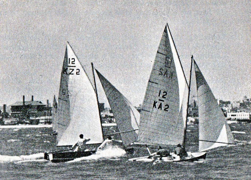 New Zealand (left) with Rolly Tasker (KA2 ) in the 1956 Olympics in Melbourne. Both competitors finished tied on points,with the tiebreaker for the Gold Medal working the way of Peter Mander and Jack Cropp (NZL) photo copyright SW taken at  and featuring the  class