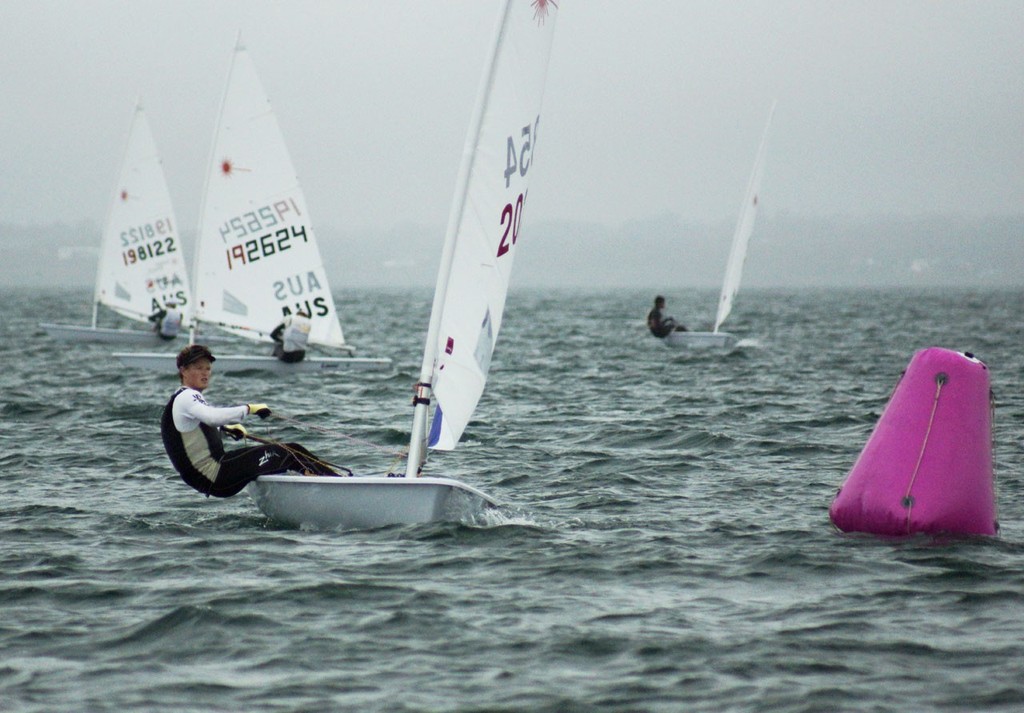 Tristan Brown rounding top mark Day2 Race2 - Laser Radial Mens World Championship 2012 photo copyright Alaine Neilson /RQYS http://www.rqys.com.au/ taken at  and featuring the  class