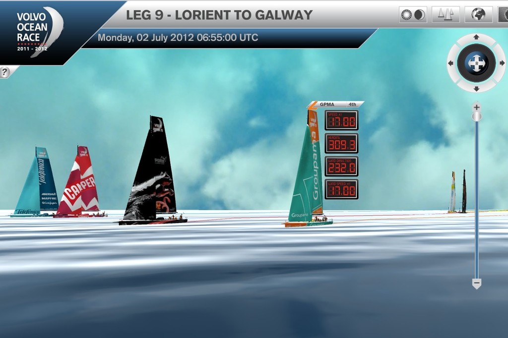 Virtual Eye positions at 0700UTC - Telefonica had a small lead with Camper to leeward with Puma and Groupama to seward (right) Abu Dhabi and Team Sanya are astern. photo copyright Virtual Eye/Volvo Ocean Race http://www.virtualeye.tv/ taken at  and featuring the  class