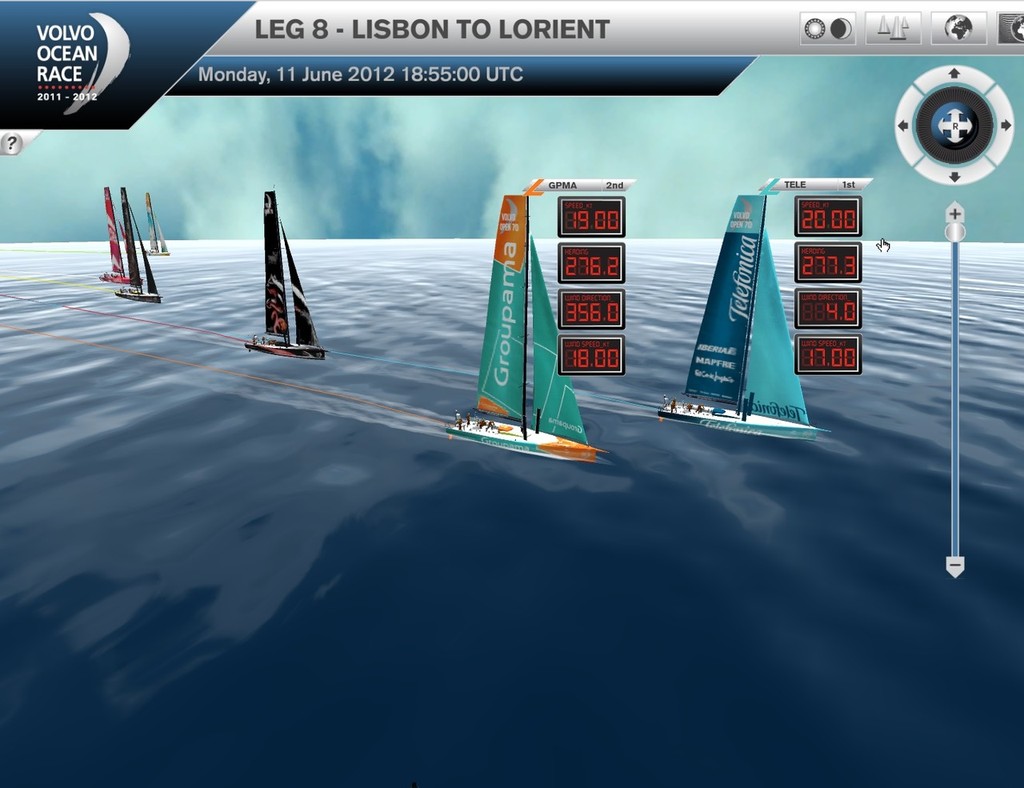Belting along at speeds of near 20kts, overall race leader is on second placed Telefonica&rsquo;s shoulder at 1900hrs UTC on June 11, 2012. Leg 8 of the Volvo Ocean Race &copy; Virtual Eye/Volvo Ocean Race http://www.virtualeye.tv/