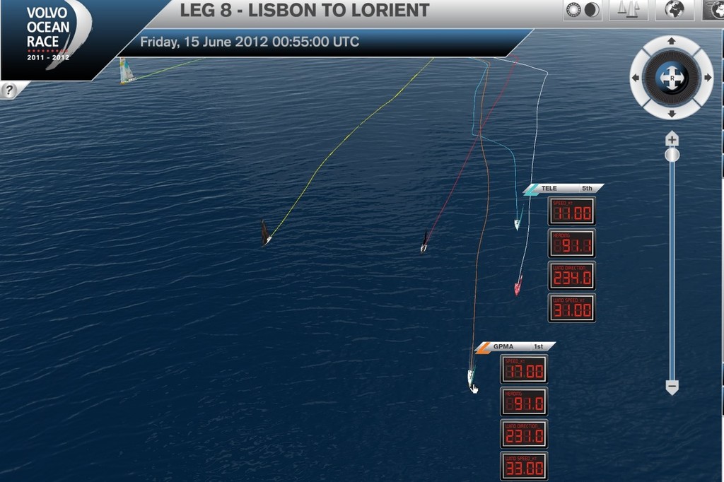 Virtual Eye shows the track and reduced speed for Telefonica. The gybe at 2200hrs UTC can be seen at the top of the image. Then her track alters as she heads NE before swinging down onto the same course as the others in the fleet. Sanya is well to the left of the shot. Groupama’s readouts are also shown (boatspeed at the top, windspeed at the bottom). photo copyright Virtual Eye/Volvo Ocean Race http://www.virtualeye.tv/ taken at  and featuring the  class