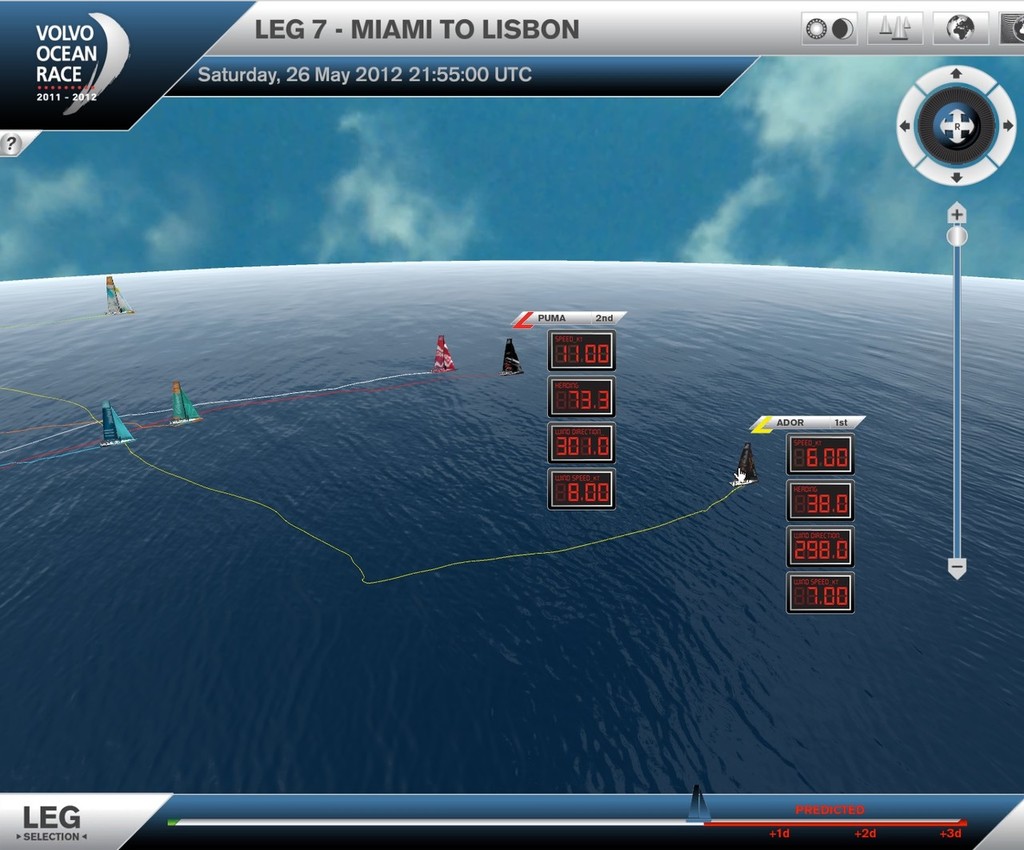 Virtual Eye&rsquo;s view of the fleet - showing Abu Dhabi ahead but sailing at a much slower boatspeed than the boats to the north. Volvo Ocean Race - May 26, 2012 2200UTC photo copyright Virtual Eye/Volvo Ocean Race http://www.virtualeye.tv/ taken at  and featuring the  class