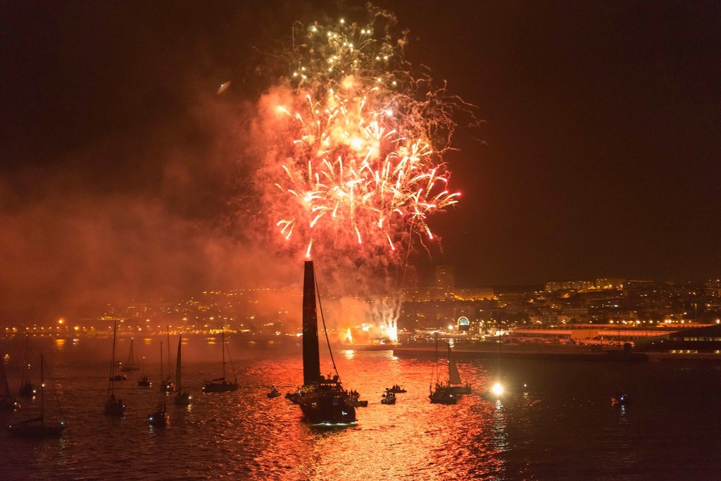 Fireworks go off, as Abu Dhabi Ocean Racing, skippered by Ian Walker from the UK finish first on leg 7, from Miami, USA to Lisbon, Portugal, during the Volvo Ocean Race 2011-12. (Credit: PAUL TODD/Volvo Ocean Race) photo copyright Paul Todd/Volvo Ocean Race http://www.volvooceanrace.com taken at  and featuring the  class