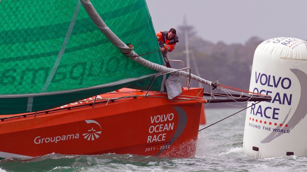 Bowman Brad Marsh onboard Groupama Sailing Team, skippered by Franck Cammas from France rounding mark during the start of leg 5 of the Volvo Ocean Race 2011-12, from Auckland, New Zealand to Itajai, Brazil. (Credit: IAN ROMAN/Volvo Ocean Race) © Ian Roman/Volvo Ocean Race http://www.volvooceanrace.com