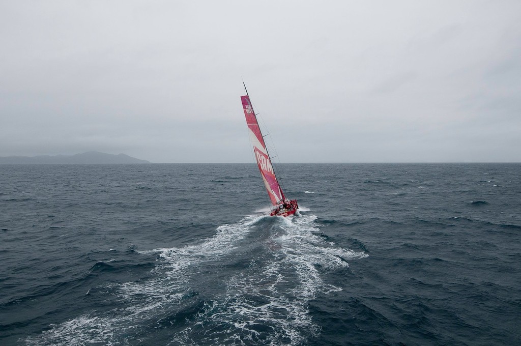 CAMPER with Emirates Team New Zealand,  heading in to tough seas, at the start of leg 5 from Auckland, New Zealand to Itajai, Brazil, during the Volvo Ocean Race 2011-12.  © Paul Todd/Volvo Ocean Race http://www.volvooceanrace.com