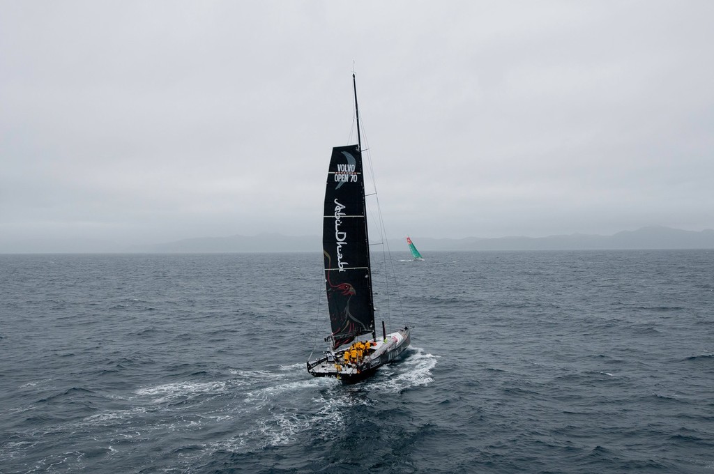 Abu Dhabi Ocean Racing, skippered by Ian Walker from the UK take down their headsail after sustaining damage to the J4 bulkhead, at the start of leg 5 from Auckland, New Zealand to Itajai, Brazil, during the Volvo Ocean Race 2011-12.  © Paul Todd/Volvo Ocean Race http://www.volvooceanrace.com