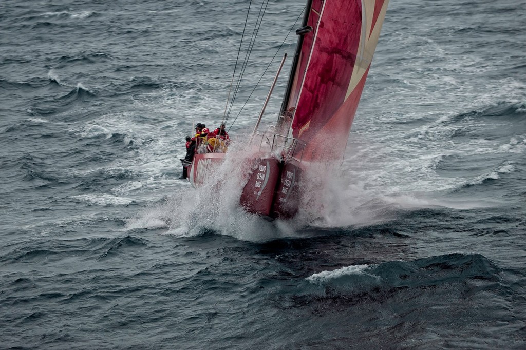 CAMPER with Emirates Team New Zealand, skippered by Chris Nicholson from Australia, heading in to tough seas, at the start of leg 5 from Auckland, New Zealand to Itajai, Brazil, during the Volvo Ocean Race 2011-12.  © Paul Todd/Volvo Ocean Race http://www.volvooceanrace.com
