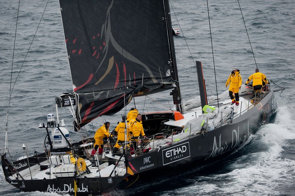 Abu Dhabi Ocean Racing, skippered by Ian Walker from the UK take down their headsail after sustaining damage to the J4 bulkhead, at the start of leg 5 from Auckland, New Zealand to Itajai, Brazil, during the Volvo Ocean Race 2011-12. © Paul Todd/Volvo Ocean Race http://www.volvooceanrace.com