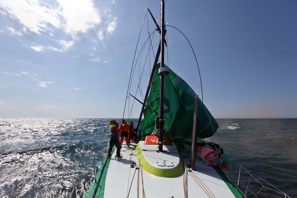 Groupama Sailing Team, skippered by Franck Cammas from France, suspend racing from leg 5 of the Volvo Ocean Race 2011-12, from Auckland, New Zealand to Itajai, Brazil, after the mast broke just above the first spreader around 60 nautical miles south of Punta del Este. (Credit: Yann Riou/Groupama Sailing Team/Volvo Ocean Race) photo copyright Yann Riou/Groupama Sailing Team /Volvo Ocean Race http://www.cammas-groupama.com/ taken at  and featuring the  class