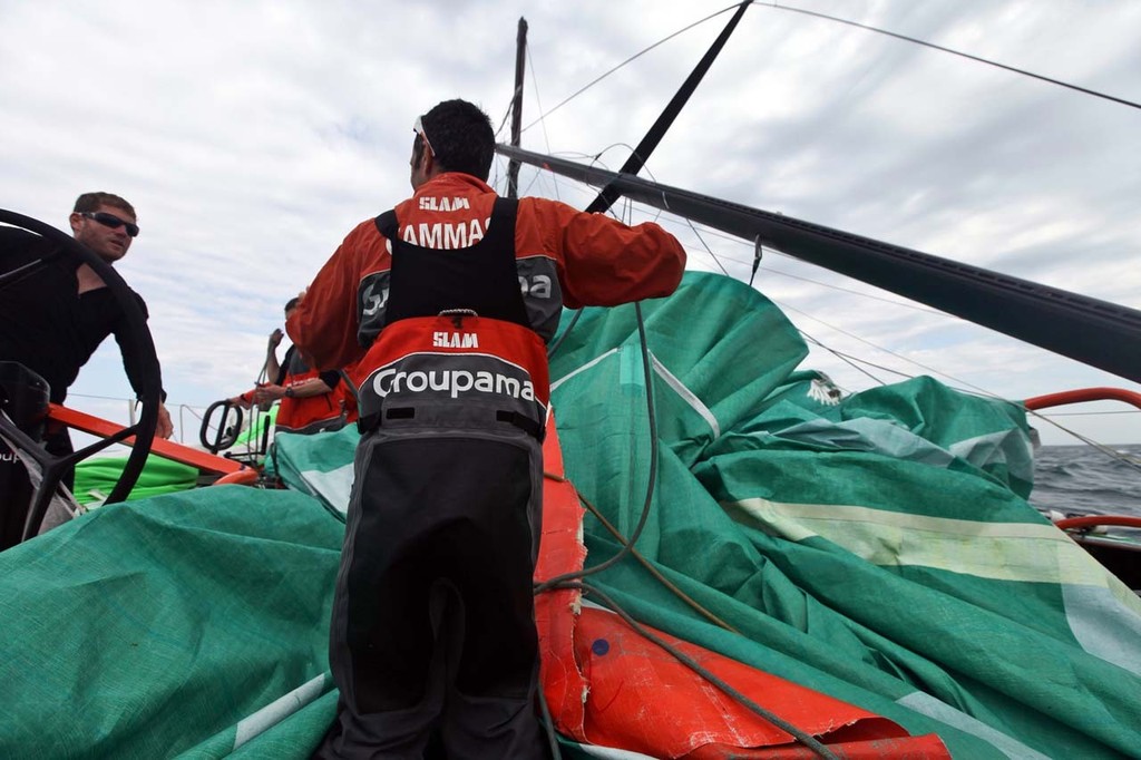 Groupama Sailing Team, skippered by Franck Cammas from France, suspend racing from leg 5 of the Volvo Ocean Race 2011-12, from Auckland, New Zealand to Itajai, Brazil, after the mast broke just above the first spreader around 60 nautical miles south of Punta del Este. (Credit: Yann Riou/Groupama Sailing Team/Volvo Ocean Race) photo copyright Yann Riou/Groupama Sailing Team /Volvo Ocean Race http://www.cammas-groupama.com/ taken at  and featuring the  class