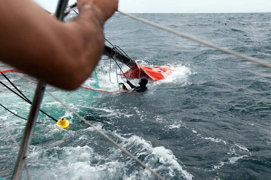 Groupama Sailing Team, skippered by Franck Cammas from France, suspend racing from leg 5 of the Volvo Ocean Race 2011-12, from Auckland, New Zealand to Itajai, Brazil, after the mast broke just above the first spreader around 60 nautical miles south of Punta del Este. (Credit: Yann Riou/Groupama Sailing Team/Volvo Ocean Race) photo copyright Yann Riou/Groupama Sailing Team /Volvo Ocean Race http://www.cammas-groupama.com/ taken at  and featuring the  class