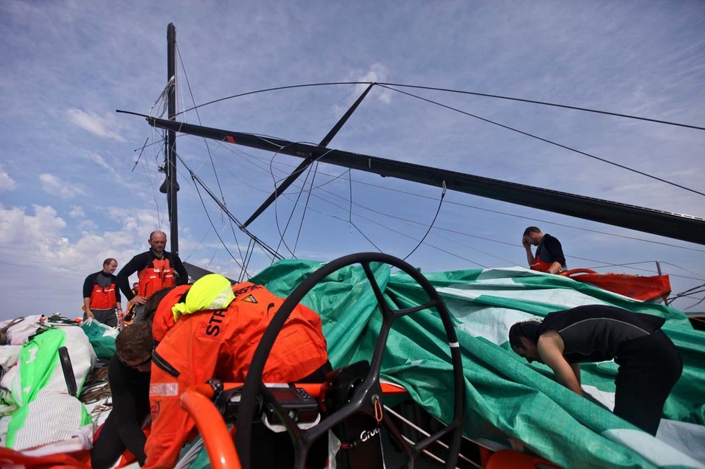 Groupama Sailing Team, skippered by Franck Cammas from France, suspend racing from leg 5 of the Volvo Ocean Race 2011-12, from Auckland, New Zealand to Itajai, Brazil, after the mast broke just above the first spreader around 60 nautical miles south of Punta del Este. © Yann Riou/Groupama Sailing Team /Volvo Ocean Race http://www.cammas-groupama.com/