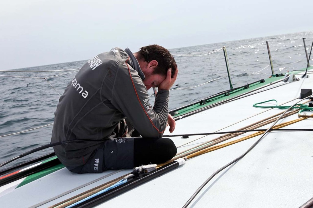 Groupama Sailing Team, skippered by Franck Cammas from France, suspend racing from leg 5 of the Volvo Ocean Race 2011-12, from Auckland, New Zealand to Itajai, Brazil, after the mast broke just above the first spreader around 60 nautical miles south of Punta del Este. (Credit: Yann Riou/Groupama Sailing Team/Volvo Ocean Race) photo copyright Yann Riou/Groupama Sailing Team /Volvo Ocean Race http://www.cammas-groupama.com/ taken at  and featuring the  class