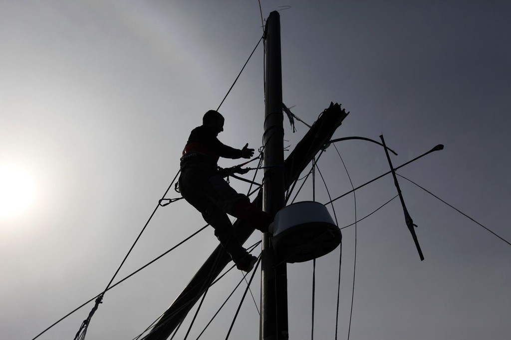 Groupama Sailing Team, cleaning up. photo copyright Yann Riou/Groupama Sailing Team /Volvo Ocean Race http://www.cammas-groupama.com/ taken at  and featuring the  class