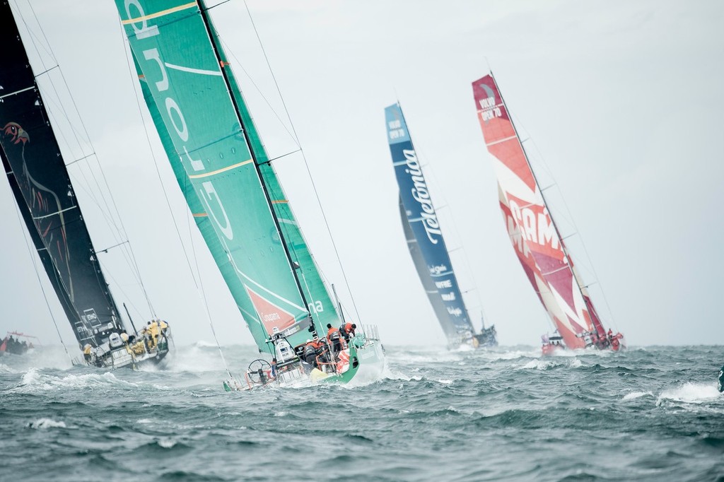 The fleet of Volvo Open 70's blast away from the start line of leg 6, from Itajai, Brazil, to Miami, USA, during the Volvo Ocean Race 2011-12. (Credit: PAUL TODD/Volvo Ocean Race) photo copyright Paul Todd/Volvo Ocean Race http://www.volvooceanrace.com taken at  and featuring the  class