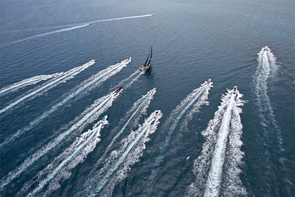 Leaders PUMA Ocean Racing powered by BERG, skippered by Ken Read from the USA, are followed in by media and spectator RIB's as they close down on the finish line of leg 6 from Itajai, Brazil, to Miami, USA, during the Volvo Ocean Race 2011-12. (Credit: IAN ROMAN/Volvo Ocean Race) photo copyright Ian Roman/Volvo Ocean Race http://www.volvooceanrace.com taken at  and featuring the  class