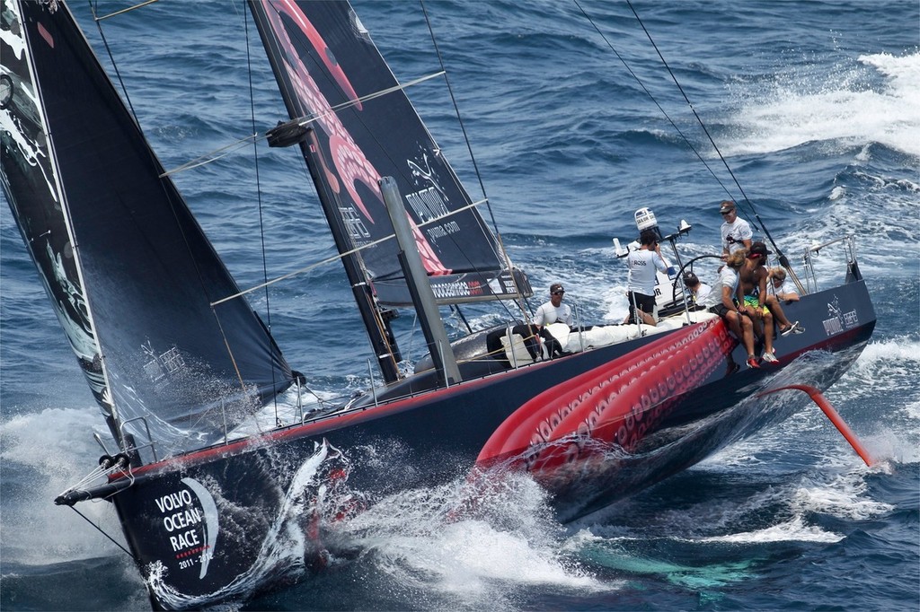 Puma start to relax as they approach the finish line in first place, on leg 6 from Itajai, Brazil, to Miami, USA, during the Volvo Ocean Race 2011-12.  © Ian Roman/Volvo Ocean Race http://www.volvooceanrace.com