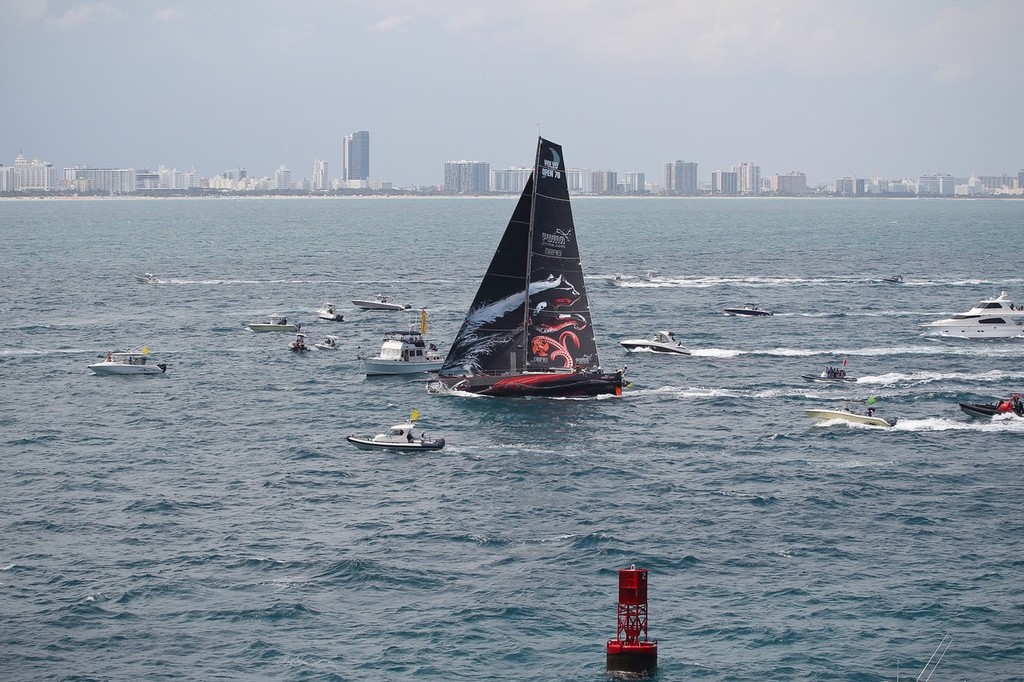 PUMA Ocean Racing powered by BERG, skippered by Ken Read from the USA, cross the finish line taking first place on leg 6 from Itajai, Brazil, to Miami, USA, during the Volvo Ocean Race 2011-12. (Credit: IAN ROMAN/Volvo Ocean Race) photo copyright Ian Roman/Volvo Ocean Race http://www.volvooceanrace.com taken at  and featuring the  class