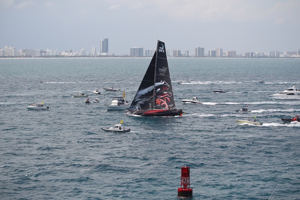 Puma cross the finish line taking first place on leg 6 from Itajai, Brazil, to Miami, USA, during the Volvo Ocean Race 2011-12.  © Ian Roman/Volvo Ocean Race http://www.volvooceanrace.com