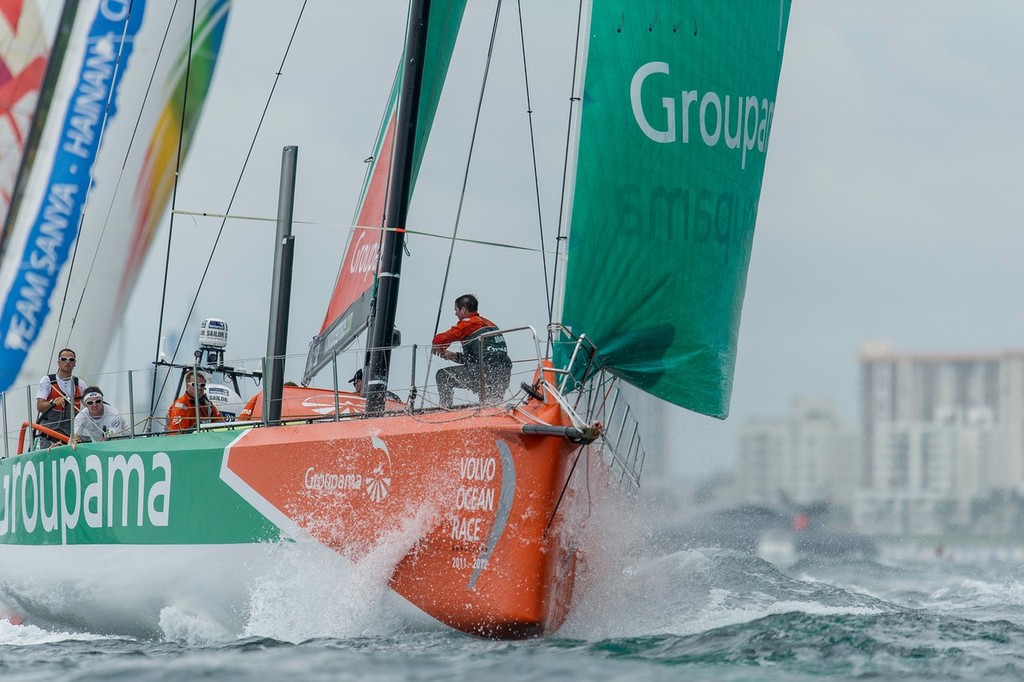 Groupama Sailing Team, skippered by Franck Cammas from France, power through the waves, in the PORTMIAMI In-Port Race, during the Volvo Ocean Race 2011-12. (Credit: PAUL TODD/Volvo Ocean Race) photo copyright Paul Todd/Volvo Ocean Race http://www.volvooceanrace.com taken at  and featuring the  class