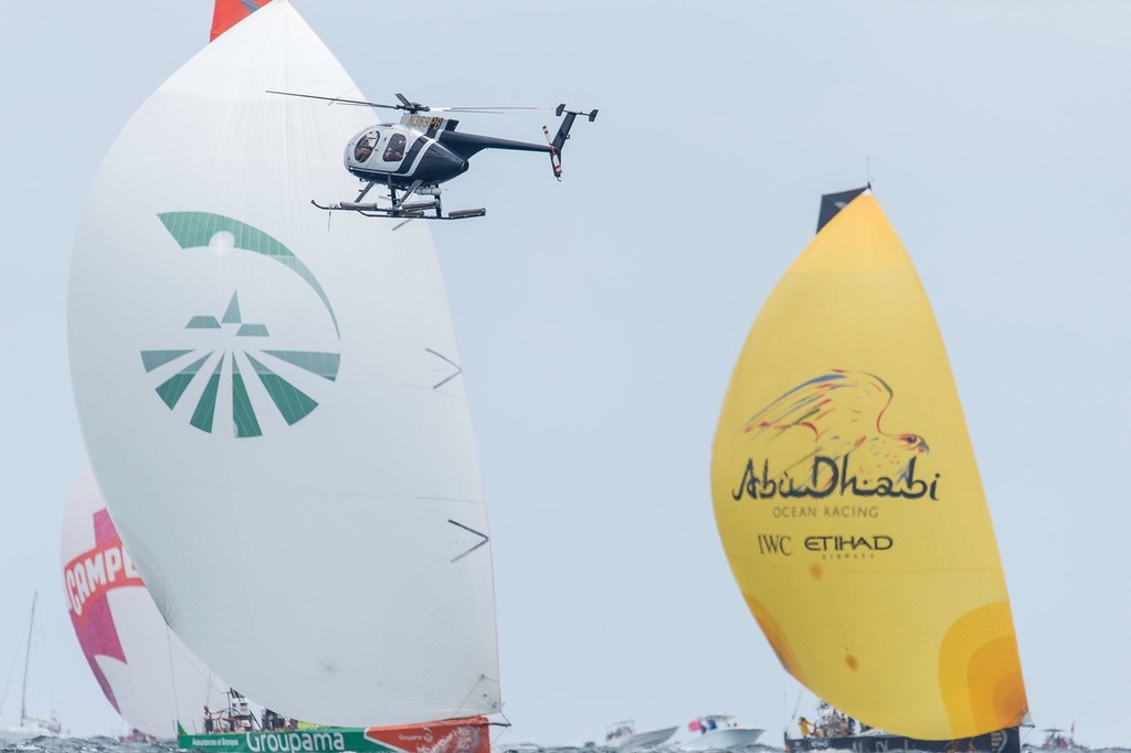 The fleet fly their spinnakers, during the PORTMIAMI In-Port Race, during the Volvo Ocean Race 2011-12.  © Paul Todd/Volvo Ocean Race http://www.volvooceanrace.com