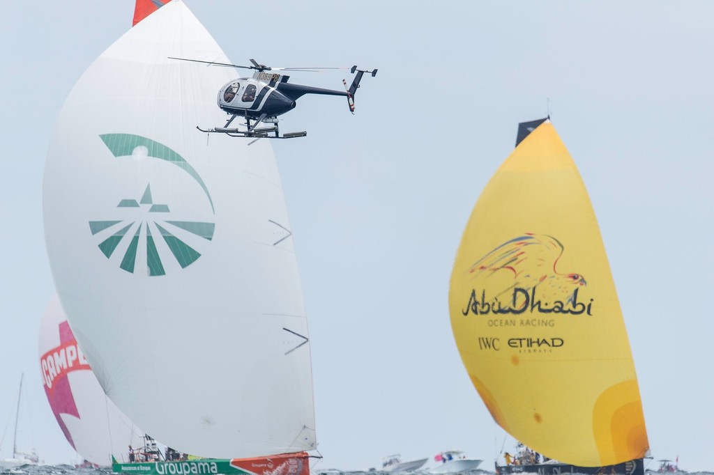 The fleet fly their spinnakers, during the PORTMIAMI In-Port Race, during the Volvo Ocean Race 2011-12. (Credit: PAUL TODD/Volvo Ocean Race) photo copyright Paul Todd/Volvo Ocean Race http://www.volvooceanrace.com taken at  and featuring the  class