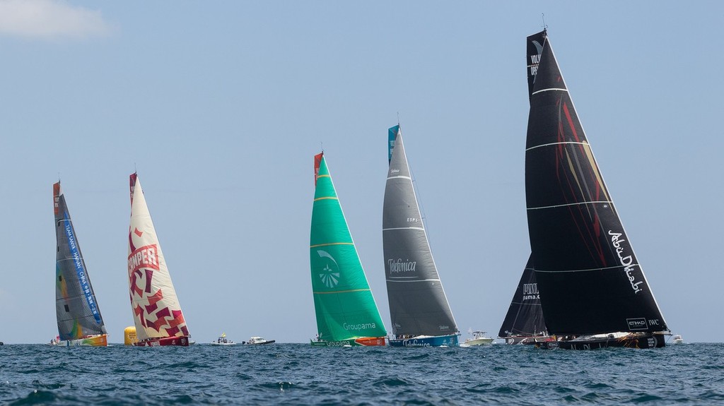 Abu Dhabi Ocean Racing, skippered by Ian Walker from the UK, leads the fleet at the start of leg 7 from Miami, USA to Lisbon, Portugal, during the Volvo Ocean Race 2011-12. (Credit: IAN ROMAN/Volvo Ocean Race) © Ian Roman/Volvo Ocean Race http://www.volvooceanrace.com