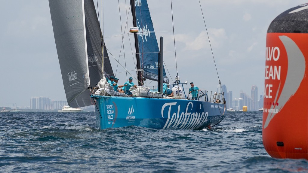 Team Telefonica, skippered by Iker Martinez from Spain, approach a rounding mark, at the start of leg 7 from Miami, USA to Lisbon, Portugal, during the Volvo Ocean Race 2011-12. (Credit: IAN ROMAN/Volvo Ocean Race) photo copyright Ian Roman/Volvo Ocean Race http://www.volvooceanrace.com taken at  and featuring the  class