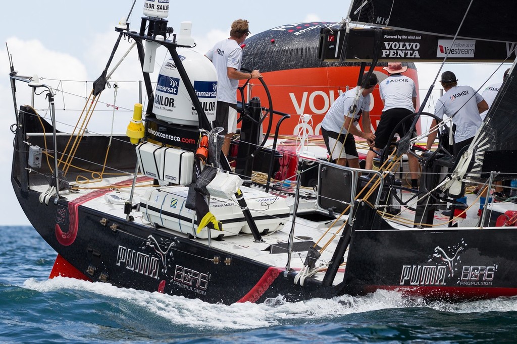 PUMA Ocean Racing powered by BERG, skippered by Ken Read from the USA, in light winds, at the start of leg 7 from Miami, USA to Lisbon, Portugal, during the Volvo Ocean Race 2011-12. (Credit: IAN ROMAN/Volvo Ocean Race) © Ian Roman/Volvo Ocean Race http://www.volvooceanrace.com